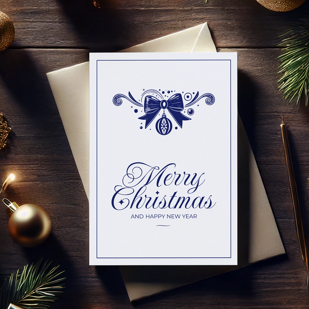 Elegant Christmas card with hand-painted holly and berries, paired with a cheerful holiday message