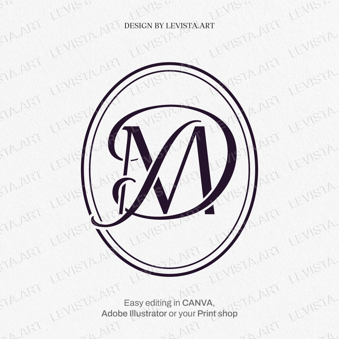 MD, DM Elegant Initials ready-made monogram logo for wedding, business in frame